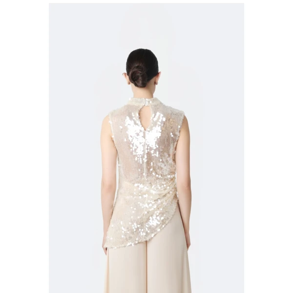 LaPointe Mesh Sequin Mockneck Top With Pleats in Ecru, view 3