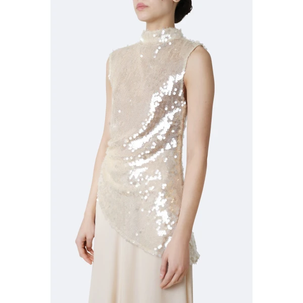 LaPointe Mesh Sequin Mockneck Top With Pleats in Ecru, view 4