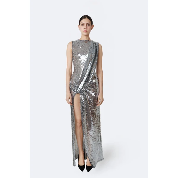 LaPointe Mesh Sequin Sleeveless Gown With Sash in Black, view 2