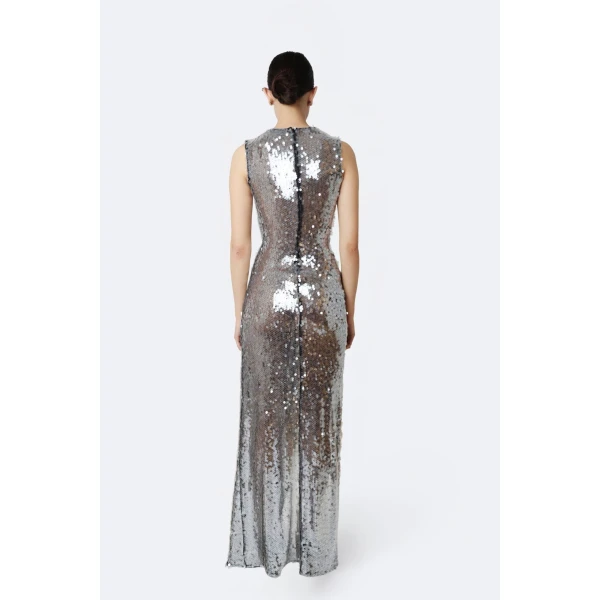 LaPointe Mesh Sequin Sleeveless Gown With Sash in Black, view 3
