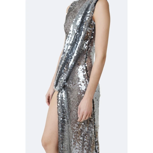 LaPointe Mesh Sequin Sleeveless Gown With Sash in Black, view 4