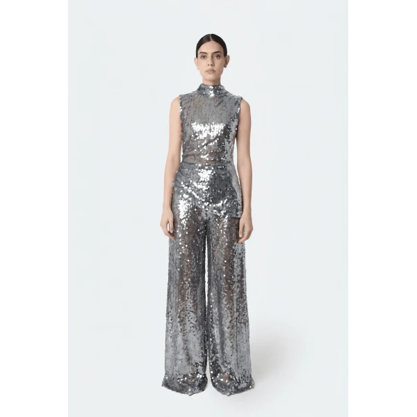 LaPointe Mesh Sequin Wide Leg Pant in Black, view 2