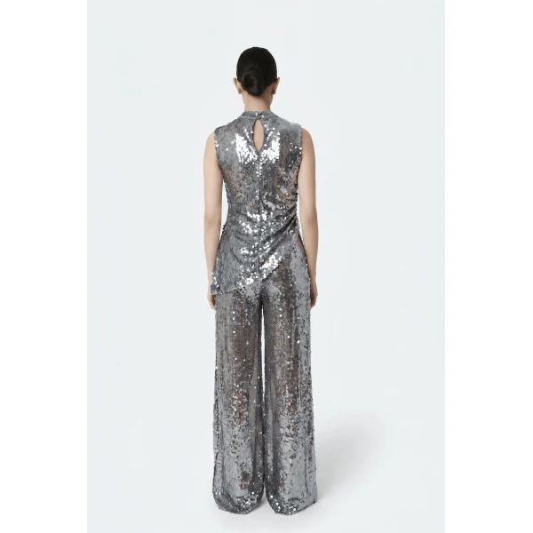 LaPointe Mesh Sequin Wide Leg Pant in Black, view 3