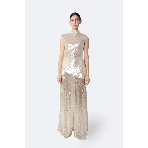 LaPointe Mesh Sequin Wide Leg Pant in Ecru, view 2