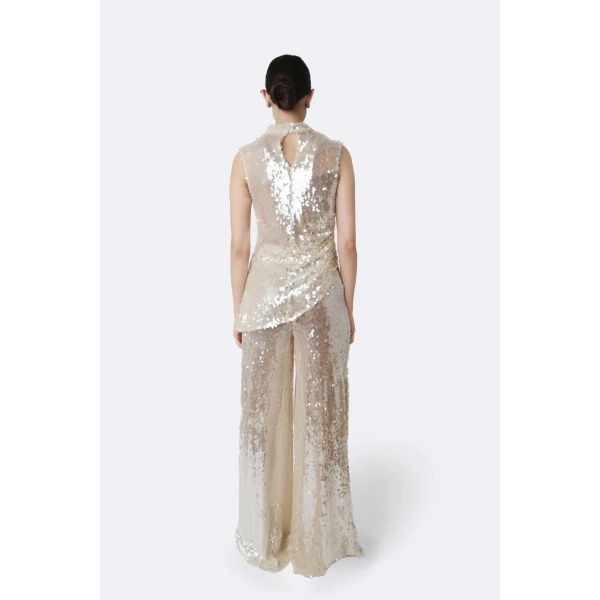 LaPointe Mesh Sequin Wide Leg Pant in Ecru, view 3
