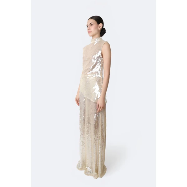 LaPointe Mesh Sequin Wide Leg Pant in Ecru, view 4