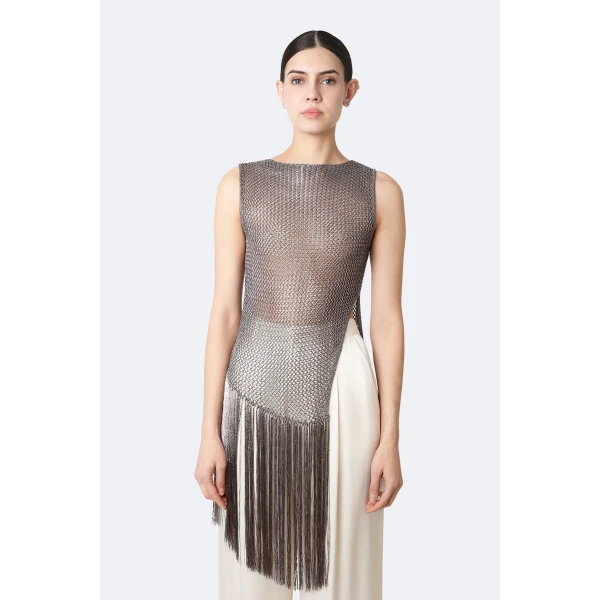 LaPointe Metallic Netting Fringe Asymmetric Top in Gunmetal, view 2
