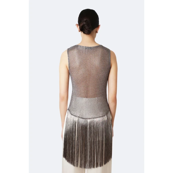 LaPointe Metallic Netting Fringe Asymmetric Top in Gunmetal, view 3