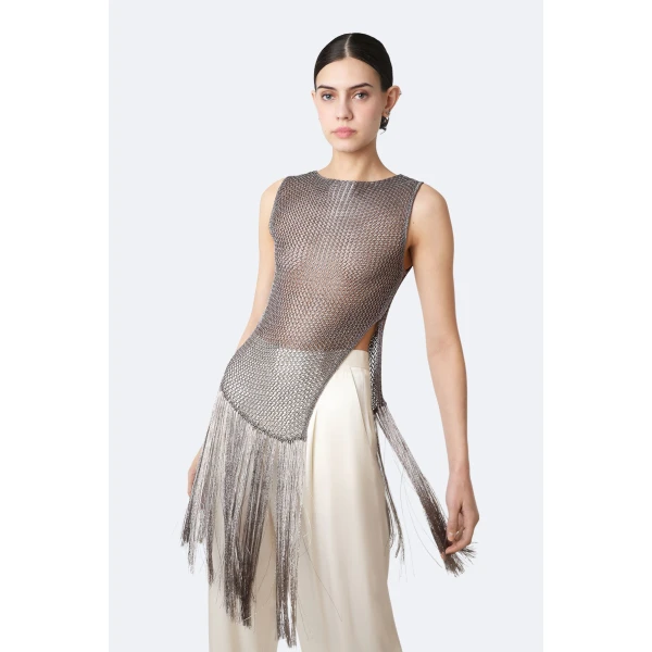 LaPointe Metallic Netting Fringe Asymmetric Top in Gunmetal, view 4