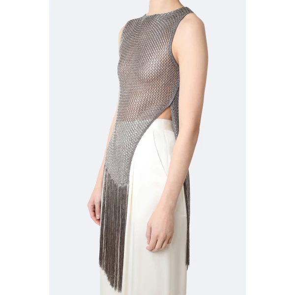 LaPointe Metallic Netting Fringe Asymmetric Top in Gunmetal, view 5
