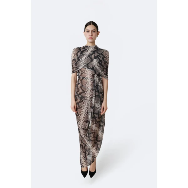 LaPointe Printed Mesh Double Shawl Draped Dress in Python Print, view 2