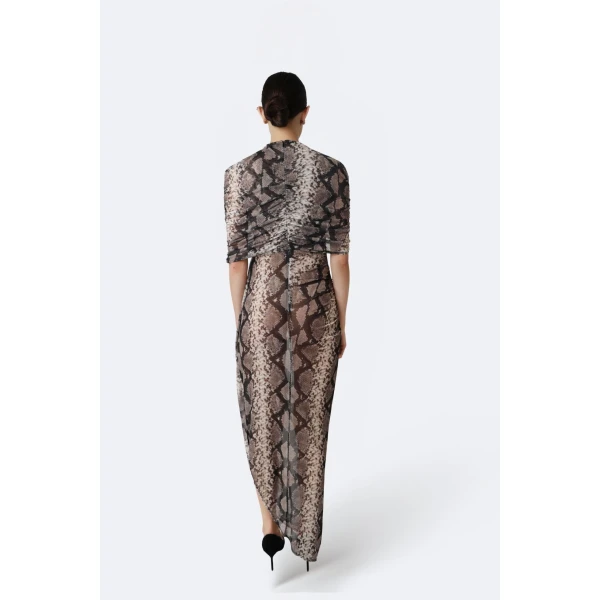 LaPointe Printed Mesh Double Shawl Draped Dress in Python Print, view 3