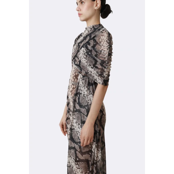 LaPointe Printed Mesh Double Shawl Draped Dress in Python Print, view 4