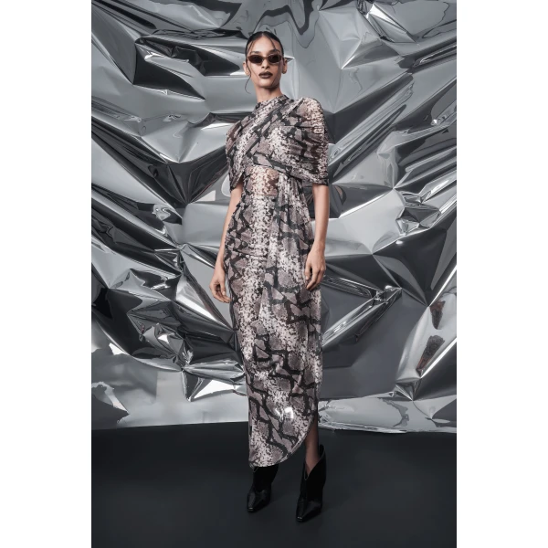 LaPointe Printed Mesh Double Shawl Draped Dress in Python Print, view 5