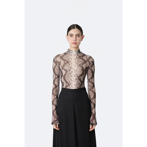 LaPointe Printed Mesh Mock Neck Bodysuit in Python Print, view 2