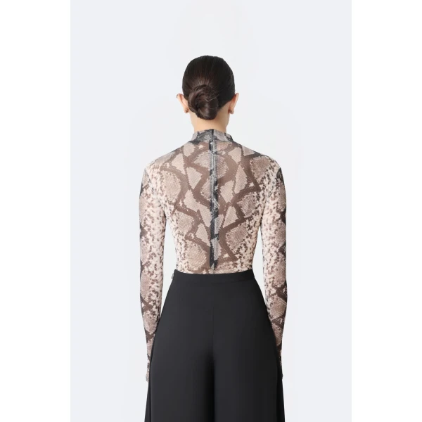 LaPointe Printed Mesh Mock Neck Bodysuit in Python Print, view 3
