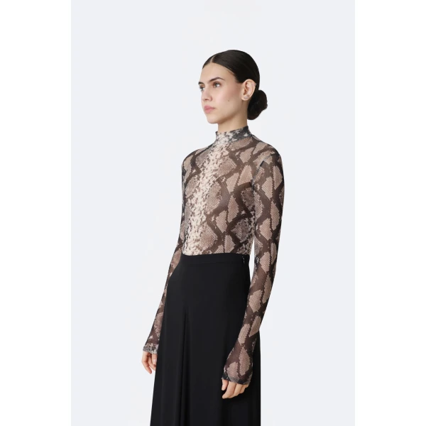LaPointe Printed Mesh Mock Neck Bodysuit in Python Print, view 4