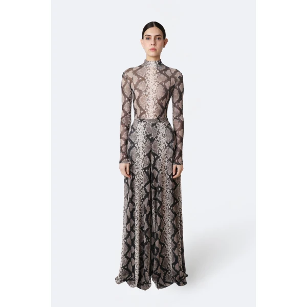LaPointe Printed Mesh Mock Neck Bodysuit in Python Print, view 5