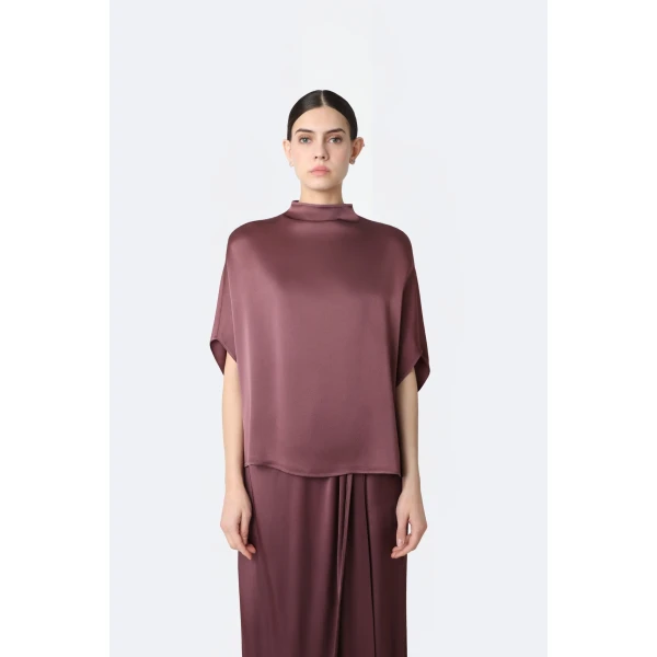 LaPointe Satin Cape Tee in Dark Mauve, view 2