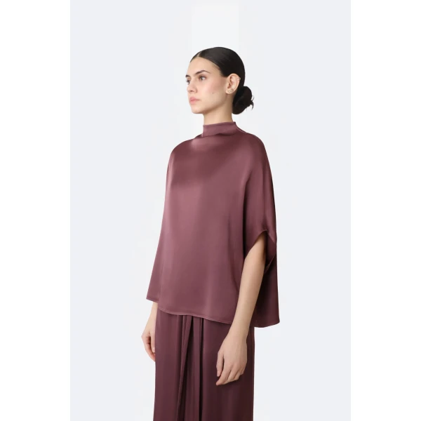 LaPointe Satin Cape Tee in Dark Mauve, view 4