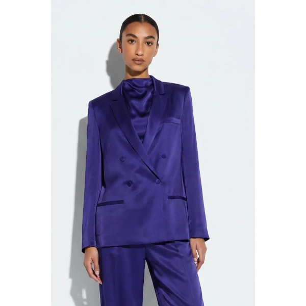 LaPointe Satin Double Breasted Blazer in Indigo, view 2
