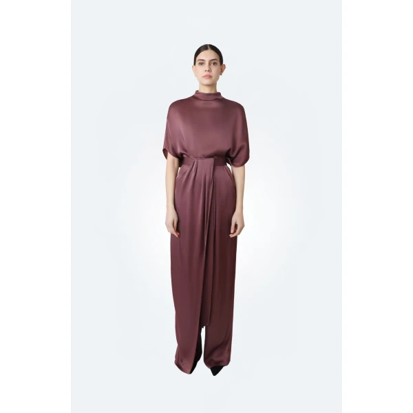 LaPointe Satin Draped Relaxed Pant in Dark Mauve, view 2