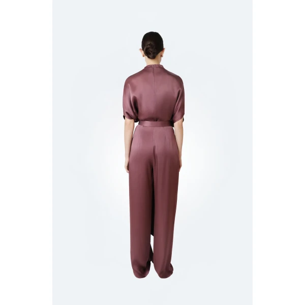 LaPointe Satin Draped Relaxed Pant in Dark Mauve, view 3