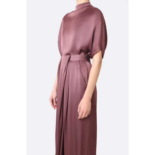 LaPointe Satin Draped Relaxed Pant in Dark Mauve, view 4