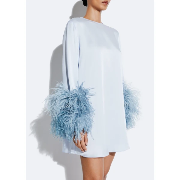 LaPointe Satin Shift Dress With Feathers in Cloud, view 2