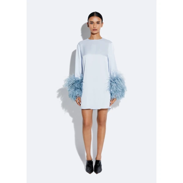 LaPointe Satin Shift Dress With Feathers in Cloud, view 3