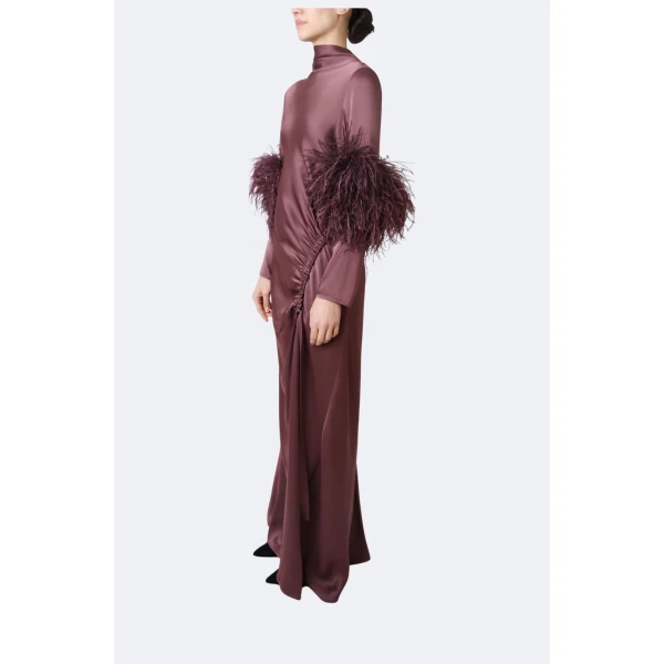 LaPointe Satin Tab Gown With Feathers in Dark Mauve, view 2