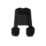 LaPointe Satin Top With Feathers in Black