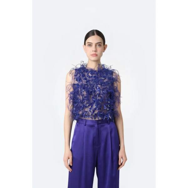 LaPointe Sequin & Feather Embroidery Cropped Tank in Indigo Top, view 2