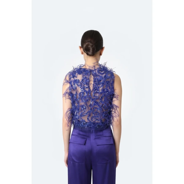 LaPointe Sequin & Feather Embroidery Cropped Tank in Indigo Top, view 3