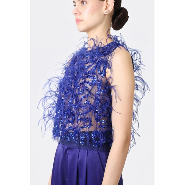 LaPointe Sequin & Feather Embroidery Cropped Tank in Indigo Top, view 4