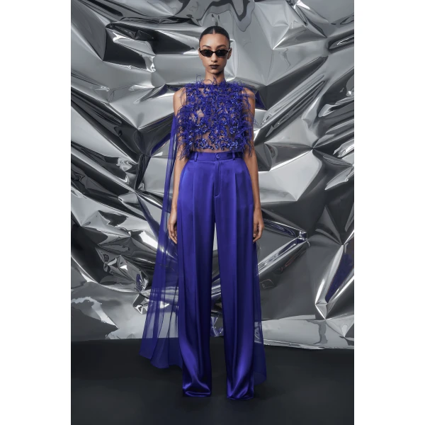 LaPointe Sequin & Feather Embroidery Cropped Tank in Indigo Top, view 5