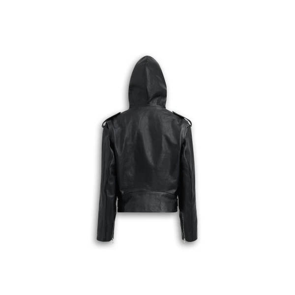 Alaia Leather Hooded Biker Jacket, view 2
