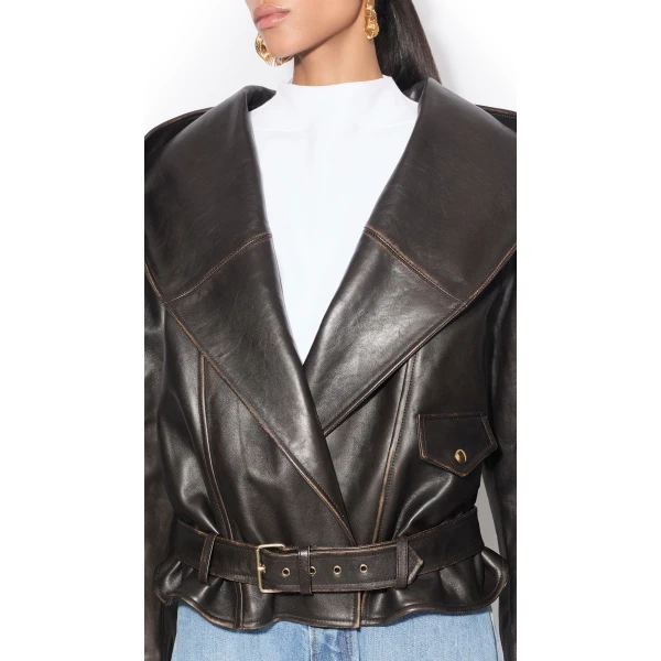 Leather Hooded Biker Jacket - Image 6