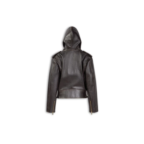 Leather Hooded Biker Jacket - Image 7
