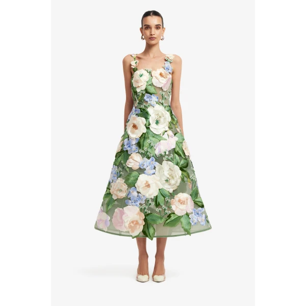 Leo Lin Beatrice Floral Hand Embroidered Midi Dress, view 2