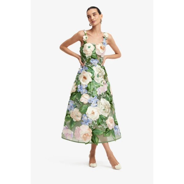 Leo Lin Beatrice Floral Hand Embroidered Midi Dress, view 3