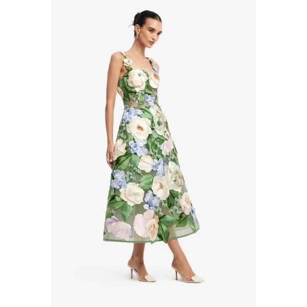Leo Lin Beatrice Floral Hand Embroidered Midi Dress, view 4