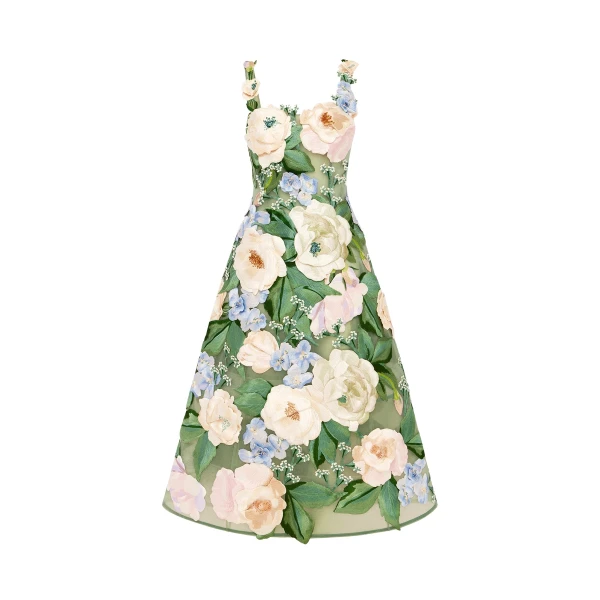 Leo Lin Beatrice Floral Hand Embroidered Midi Dress