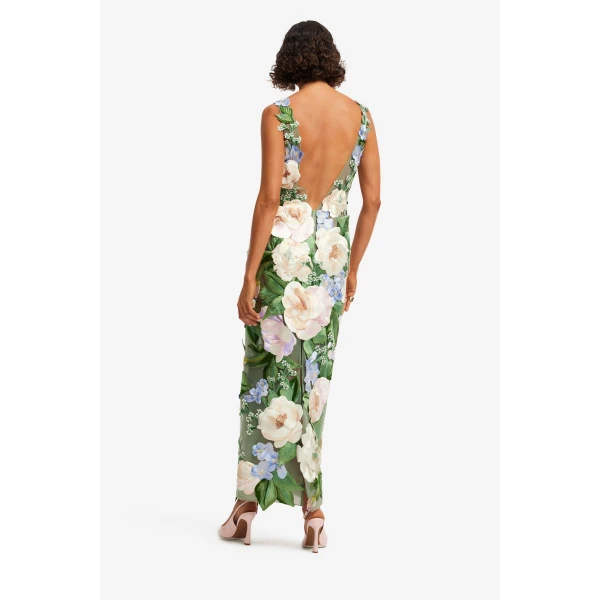 Leo Lin Fleur Floral Hand Embroidered Backless Maxi Dress, view 5