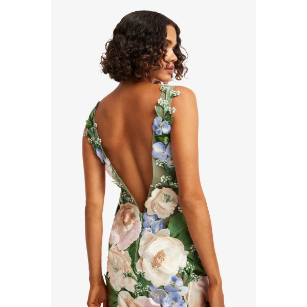 Leo Lin Fleur Floral Hand Embroidered Backless Maxi Dress, view 6