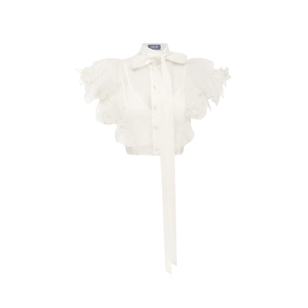 Leo Lin Jasmine Appliqué Flutter Sleeve Top