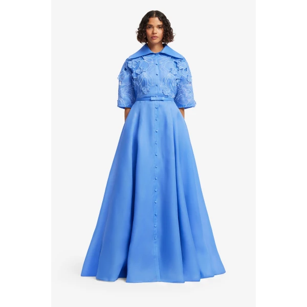 Leo Lin Junia Appliqué Puff Sleeve Silk Gown, view 2