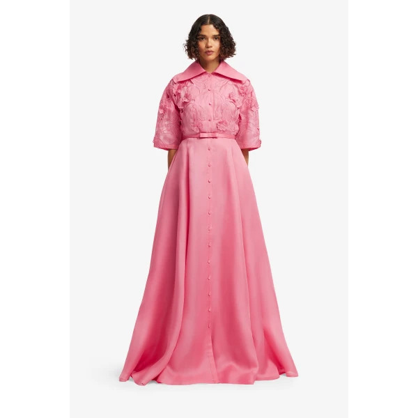 Leo Lin Junia Appliqué Puff Sleeve Silk Gown, view 2