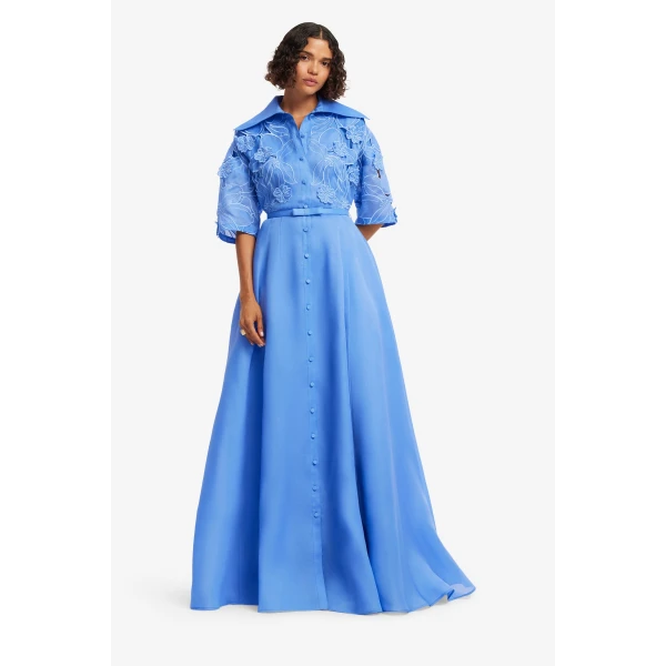 Leo Lin Junia Appliqué Puff Sleeve Silk Gown, view 3