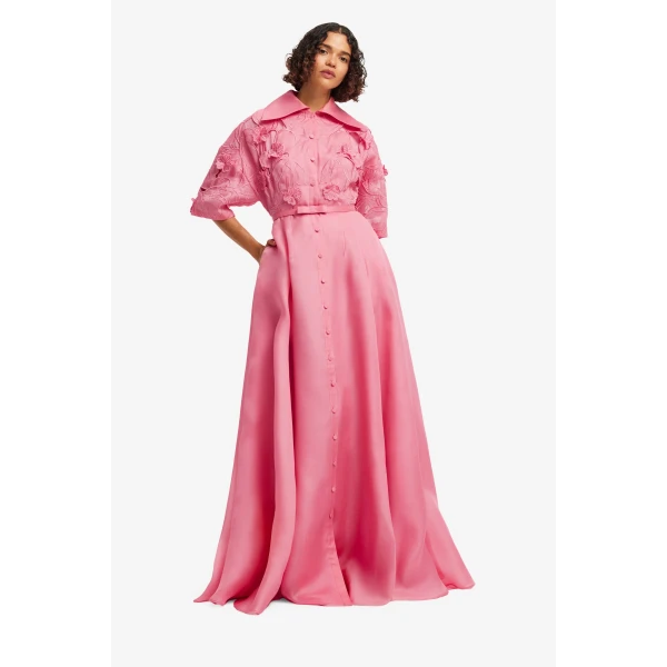 Leo Lin Junia Appliqué Puff Sleeve Silk Gown, view 3